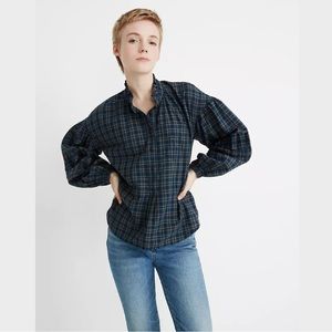 MADEWELL Dark Blue and Brown Plaid Ruffle-Neck Popover Long Sleeve Shirt